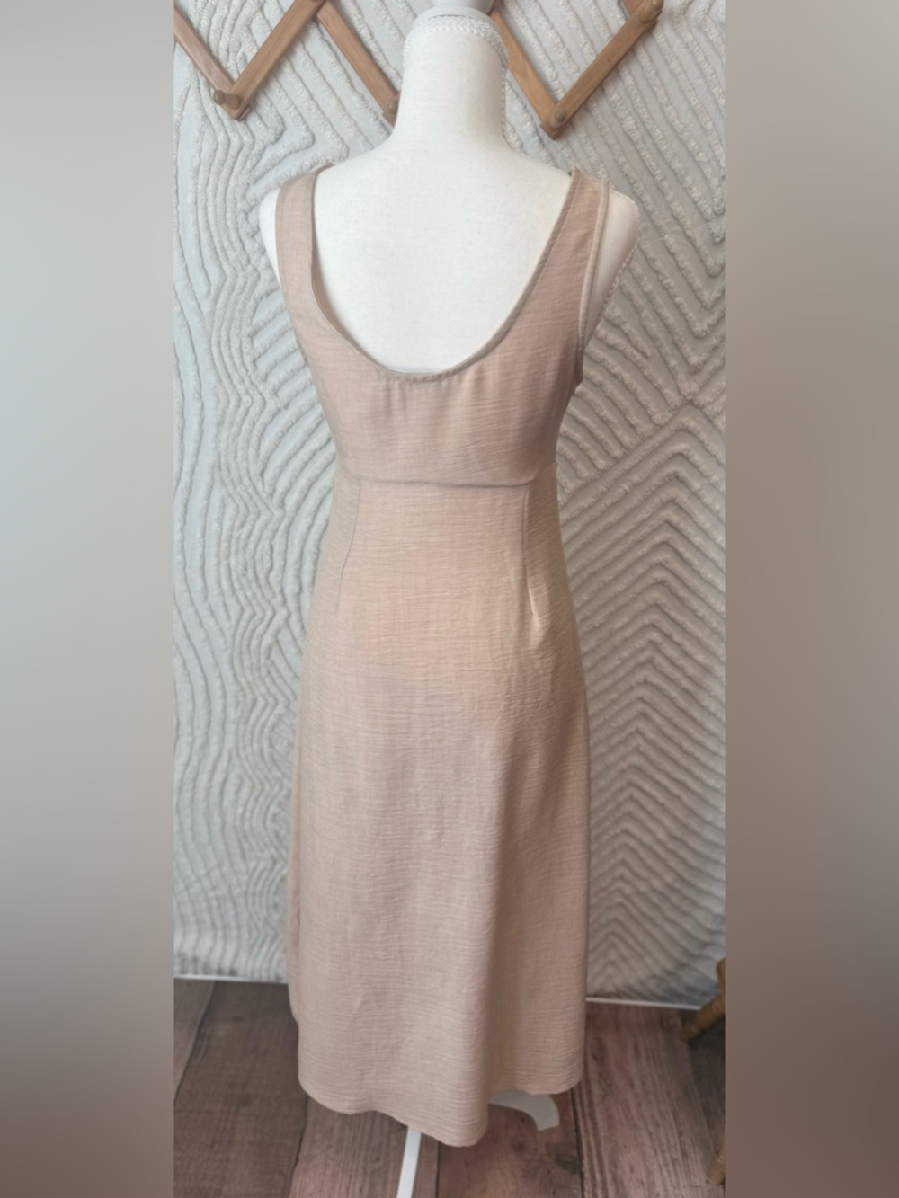 Blue Blush tan colored Tie-Front Button-Down Midi linen blend Dress - Picture 5 of 12